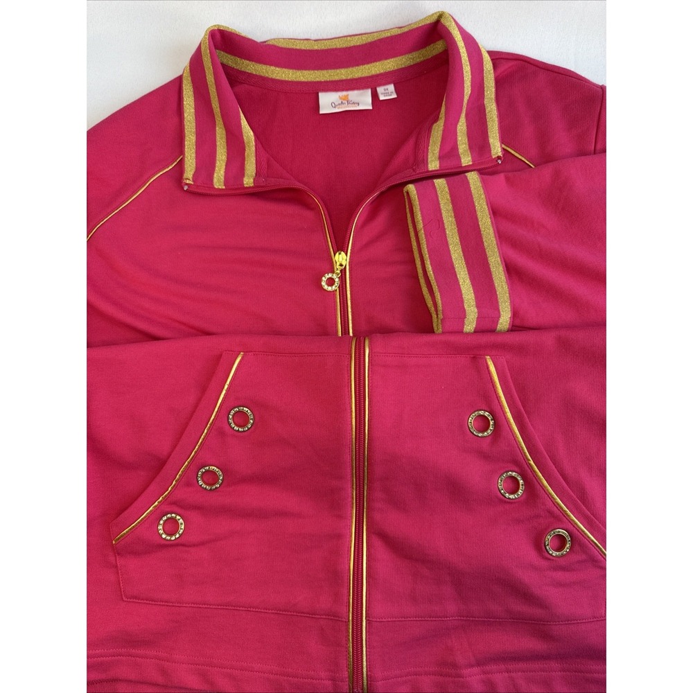 Quaker‎ Factory Women's Sz 3XL Pink + Gold Crystal Sparkle Zip-Up Jacket